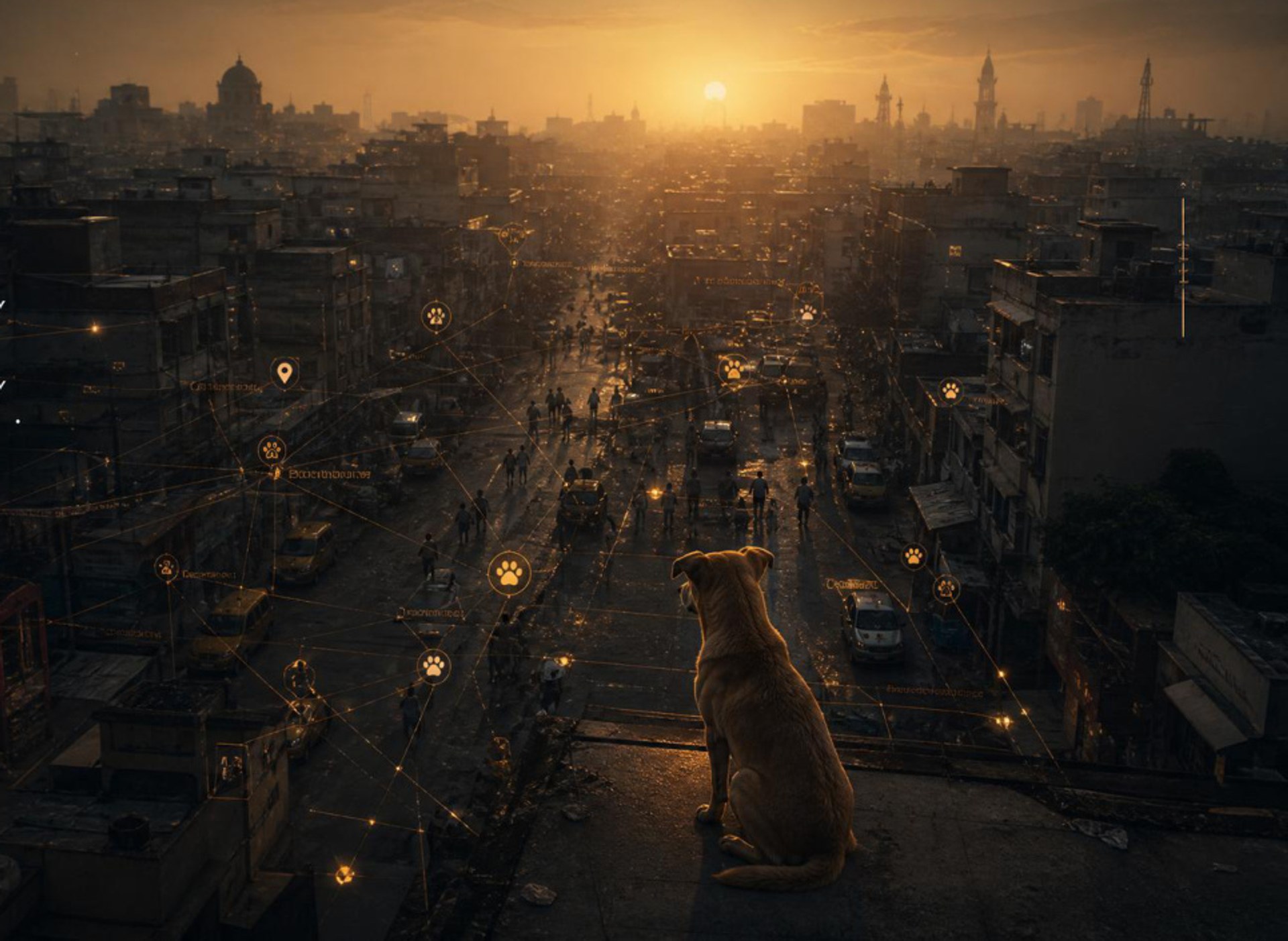 A street dog on a rooftop overlooking an Indian city at golden hour